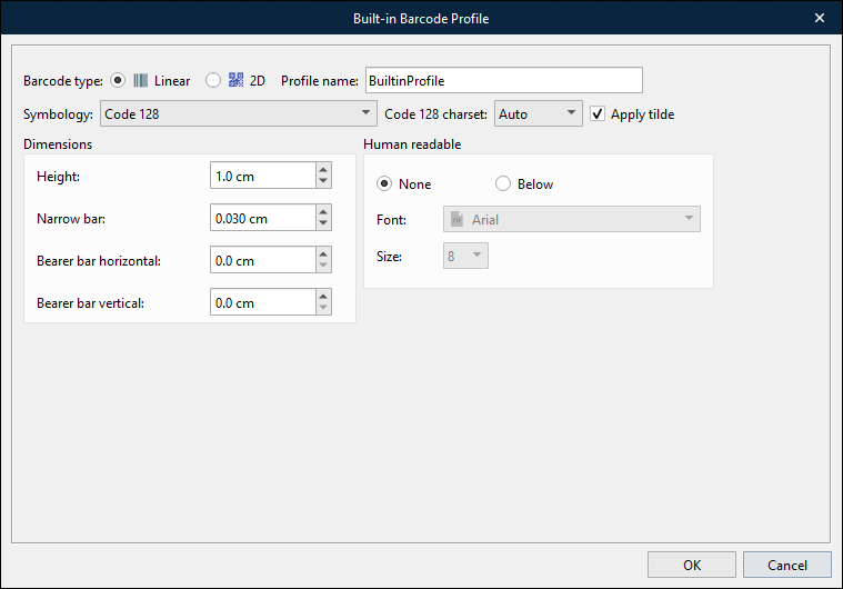 The Barcode Profile window with a Code 128 barcode configuration displayed.
